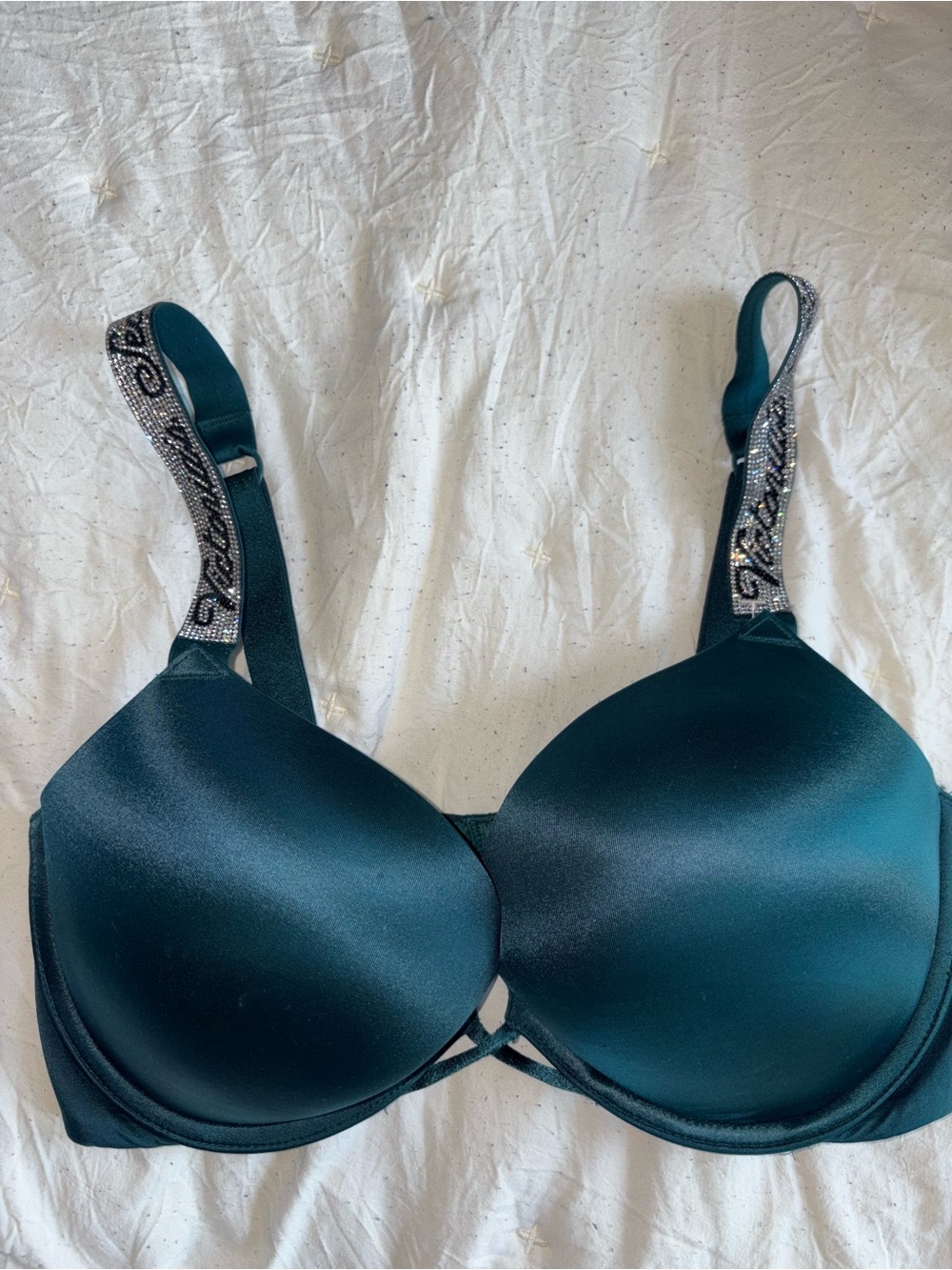 Teal Satin Underwire Bra with Embellished Straps